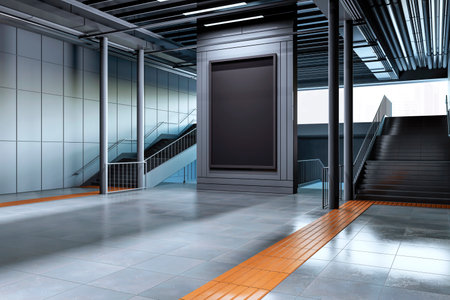 Blank advertising screen in a contemporary subway station with stairs and metallic walls. Concept of promotion space. 3D Renderingの写真素材