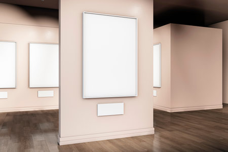 Modern art gallery interior with blank frames on beige walls, wooden floors, and spotlighting. Concept of exhibition space. 3D Renderingの写真素材