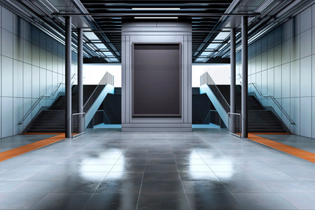Blank vertical billboard in a modern subway station with stairs and orange lines on the floor, ideal for advertising. 3D Renderingの写真素材
