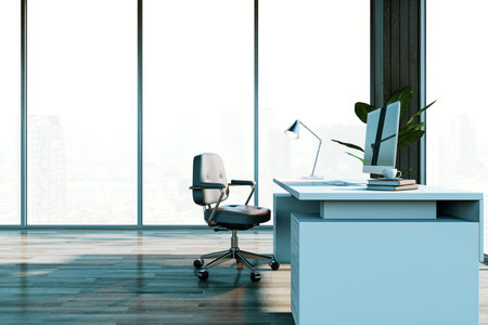 An empty, modern office interior with a desk and chair in front of large windows, featuring a computer, books, and a plant. 3D Renderingの写真素材