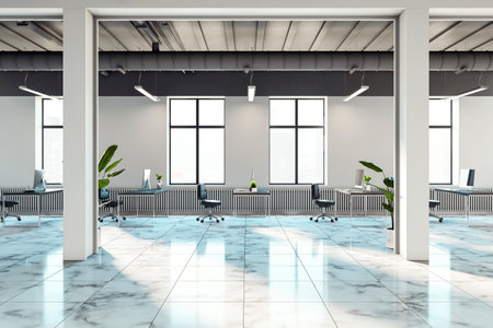 A modern open office interior with marble flooring, large windows, and several desks and chairs. Chic and futuristic workspace environment. 3D Renderingの写真素材