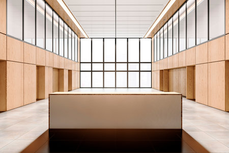 Modern office lobby interior with wooden finishes, a central desk, and large windows offering a city view. Contemporary design in beige and white. 3D Rendering.の写真素材