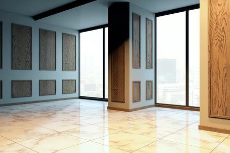 A modern empty room with wooden panel walls and large windows, showcasing a marble floor. Bright cityscape visible through the windows. 3D Renderingの写真素材