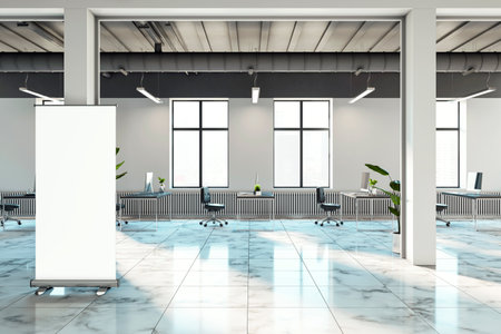 A modern office interior with a roll-up stand in focus, desks, chairs, and windows in the background. Concept of workspace and advertising. 3D Renderingの写真素材