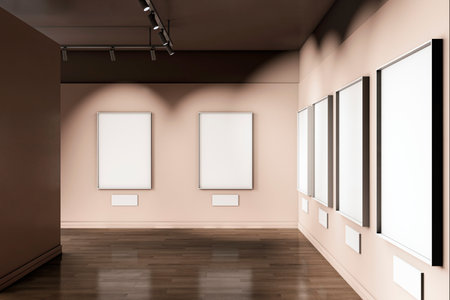 Modern empty gallery room with beige walls, several blank frames, wooden floor, dark ceiling, and spotlights. Concept of art exhibition. 3D Renderingの写真素材