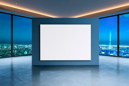 Blank canvas in a modern office interior with large windows showcasing a panoramic city night view, concept of exhibition or presentation. 3D Renderingの写真素材