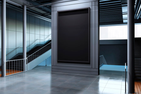 Blank black billboard in a modern subway station interior, featuring stairs and metallic railings, with sleek design elements. 3D Renderingの写真素材