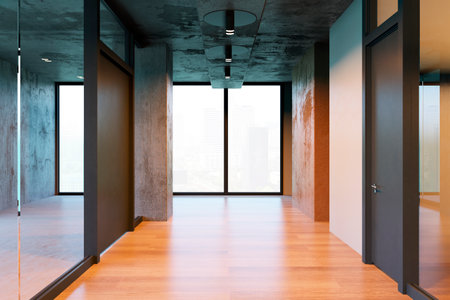 Modern office corridor with large windows, glass walls, and wooden floors in a commercial building. 3D Renderingの写真素材