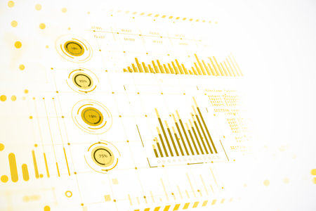 Abstract visualization of data analytics with bar graphs and circular charts on a light background. Concept of data analysis. 3D Renderingの写真素材