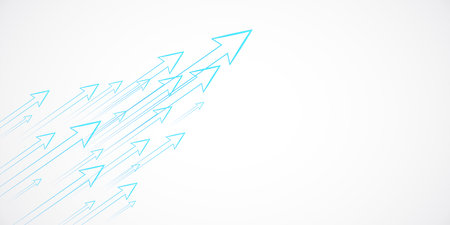 Multiple blue arrows pointing upwards, symbolizing growth and progress, on a white background. Concept of business success and innovation. 3D Renderingの写真素材