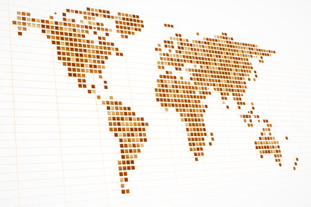 Abstract world map made of brown squares on a white grid background. Concept of global connectivity and digital mapping. 3D Renderingの写真素材