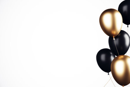 Black and gold balloons floating against a clean white backdrop. 3D rendering showcasing a festive and elegant celebration conceptの写真素材