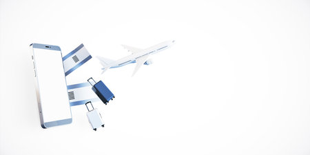 Mobile phone with flight tickets and suitcases next to an airplane on a white background. Concept of online travel booking, 3D Renderingの写真素材