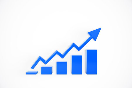 A blue 3D bar chart with an upward arrow on a white background, representing growth and success. 3D Renderingの写真素材