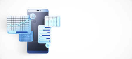 Mobile phone with various data analytics charts and graphs, 3D rendering, on a white background. Concept of mobile data analysis and business metricsの写真素材