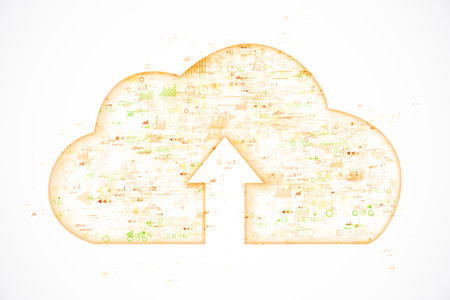 Cloud storage upload icon with digital data graphics on a white background, representing data transfer and cloud computing. 3D Renderingの写真素材