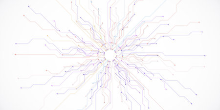 Abstract representation of a circuit board with colorful lines converging to a central point, on a white background. Concept of technology. 3D Renderingの写真素材
