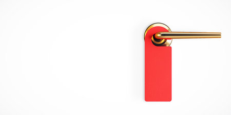 Red door hanger attached to a golden doorknob on a white background, symbolizing privacy or hotel room status. 3D Renderingの写真素材