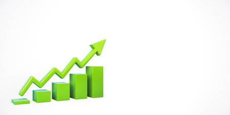 Green bar graph with an upward arrow indicating growth, 3D rendering style, on a white background. Concept of business success and progressの写真素材