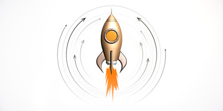Rocket launching with flames into the air, circular motion trajectory depicted with arrows and...
