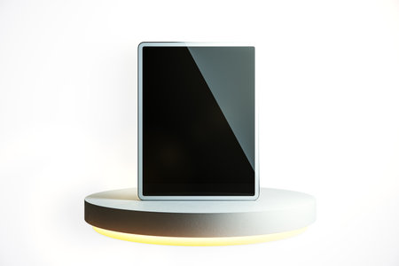 A modern tablet with a black screen displayed on an illuminated round platform, against a white background. Concept of technology. 3D Renderingの写真素材