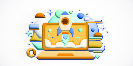 Image of a laptop with a rocket launching from the screen, set against an abstract background with geometric shapes, representing startup growth. 3D Renderingの写真素材