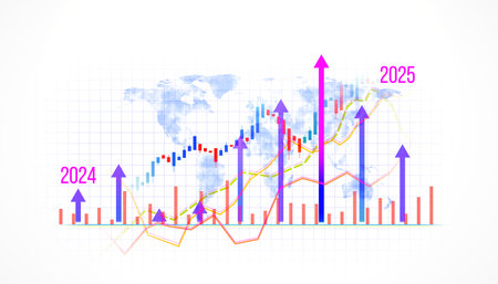 Graph with financial data, line charts, and growth arrows on a grid background, indicating future trends for 2024 and 2025. 3D Renderingの写真素材