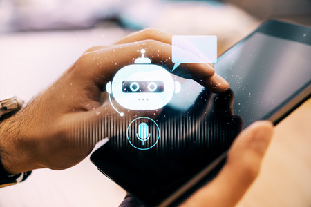 Person interacting with a chatbot on a smartphone, holographic bot icon on the screen, on a blurred...