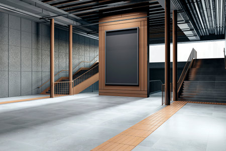 Blank billboard mockup in a modern subway station with stairs, a black and brown design, and a tiled floor, ideal for advertising concepts. 3D Renderingの写真素材