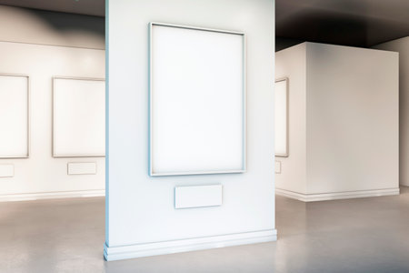 Modern gallery interior with blank frames on white walls, concrete floor. Concept of an exhibition...