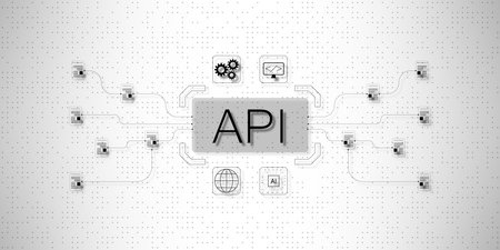 A digital API connection concept featuring nodes, icons, and a minimalistic design on a white...