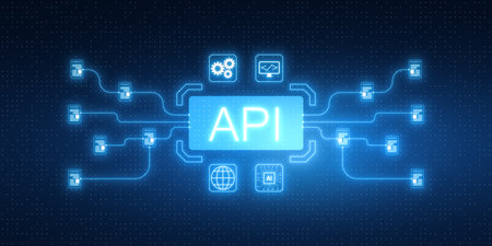 A digital representation of an API interface with connected nodes, neon lines on a dark background,...