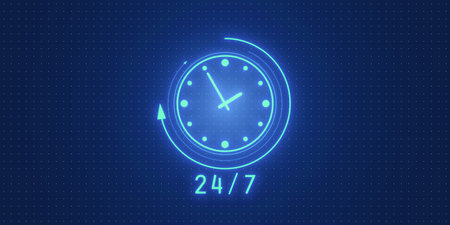 A clock icon illustrating 24 7 time management in neon graphic style on a blue background. Concept...