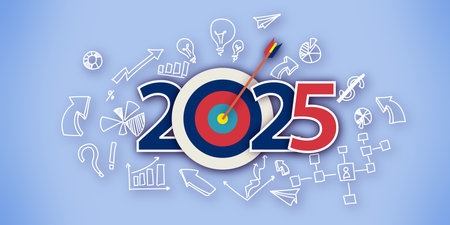 A design showcasing the year 2025 with target imagery, creative graphics, and a blue background,...