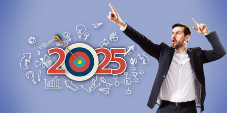 A businessman passionately points to a target for 2025, surrounded by creative business icons on a...