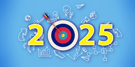 2025 year goal planning sketch on blue background. Countdown and 2025 business planning. Happy New...