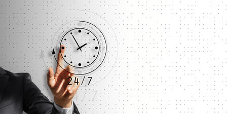 Close up of male hand pointing at digital clock sketch on white background with mock up place....