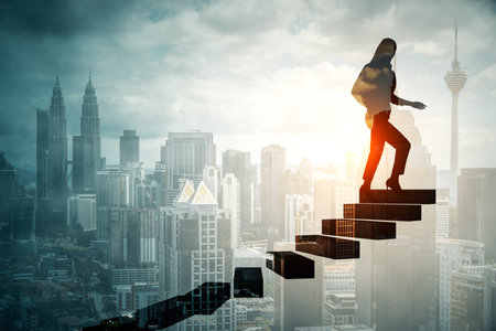 Side view of woman climbing stairs on abstract city background with mock up place. Career, success and difficulty background. Double exposureの写真素材