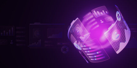Creative glowing round business graph hologram on dark background with mock up place. Financial...
