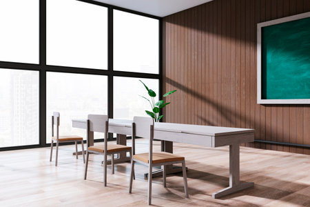 New stylish classroom interior with panoramic window and city view, wooden floor and green...
