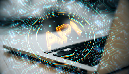 Close up of laptop on desk with creative API hologram on blurry background. Application Programming...