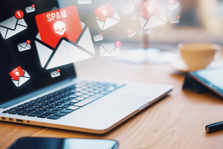 Close up of laptop on wooden desk with supplies and abstract spam emails on blurry background. Junk mail, virus and internet security conceptの写真素材