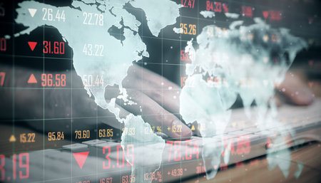 Close up of male hand using keyboard with glowing digital white map on blurry background. Global connection network and interface concept. Double exposureの写真素材