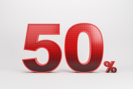 Creative red 50% neon sign with lamps on white background. 3D Renderingの写真素材