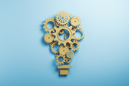 Creative gear light bulb on blue background with mock up place. Idea, innovation and technology concept. 3D Renderingの写真素材