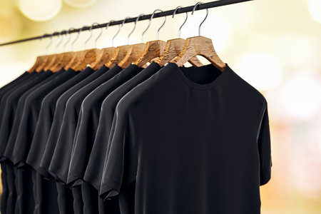 Row of empty black t-shirts hanging on rack on blurry light bokeh background. Mock up place. Fashion and showroom concept. 3D Renderingの写真素材