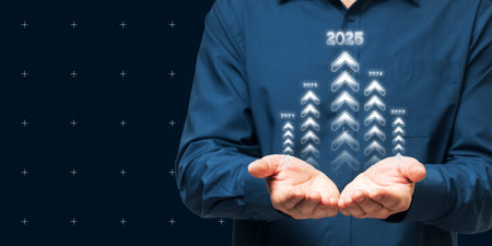 Close up of male hands holding increasing arrow graph, corporate future growth year 2024 to 2025....