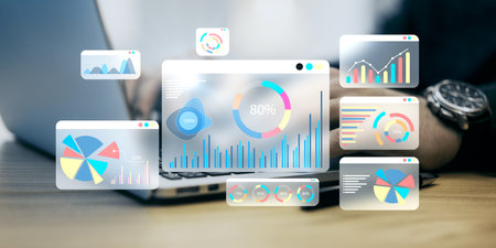 A digital interface showcasing financial data analysis with various graphs and charts on a modern...