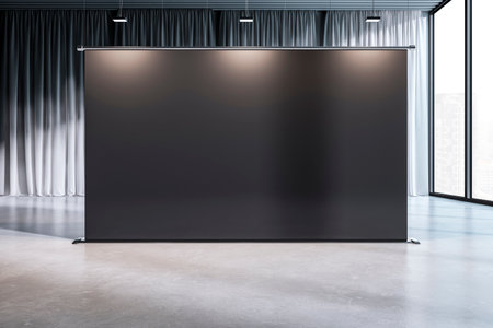 A clean, empty exhibition stand displayed in a spacious interior room. Ideal for showcasing art or products. 3D Renderingの写真素材