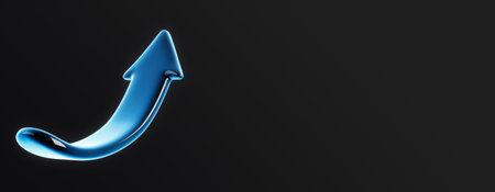 A blue upward arrow isolated on a black background, representing growth and finance concepts. 3D Renderingの写真素材